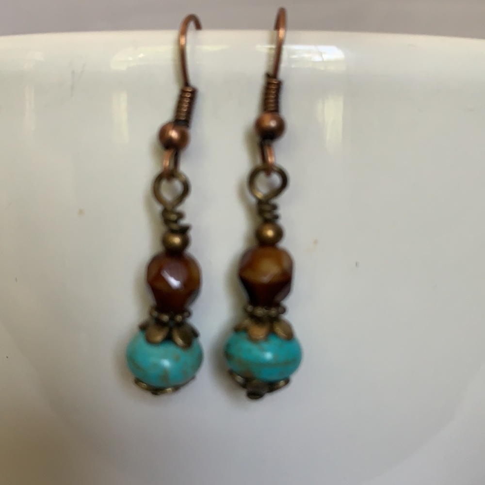Austrian glass turquoise & brown dangle earrings